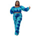 plus size printing puff sleeve high waist wide-leg top and pant set NSLNW122672
