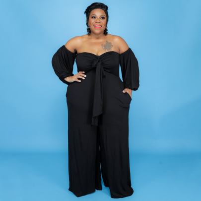 Plus Size Puff Sleeve Tube Top Lace-up Wide-leg Solid Color Jumpsuit NSLNW122674