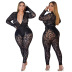 Plus Size Perspective Flocking Striped Tight long sleeve v neck Two-piece Set NSLNW122678