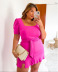 plus size lace-up short sleeve square neck slim solid color dress NSLNW122686