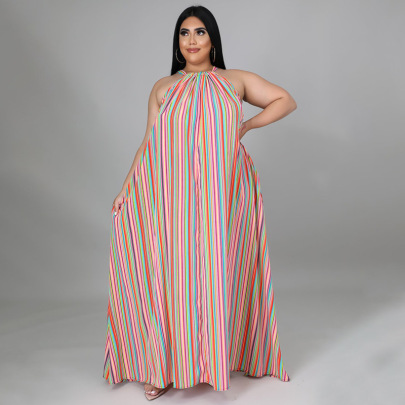 Plus Size Loose Sleeveless Lace-up Striped Dress NSLNW122690