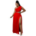 plus size slanted shoulder sleeveless high waist slit solid color top and skirt suit NSLNW122700