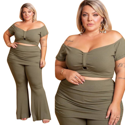 Plus Size Short Sleeve Low-cut High Waist Slim Solid Color Top And Pant Set NSLNW122708