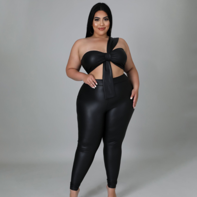 Plus Size Single-shoulder Backless Wrap Chest Tight Solid Color Top And Pant Set NSLNW122673