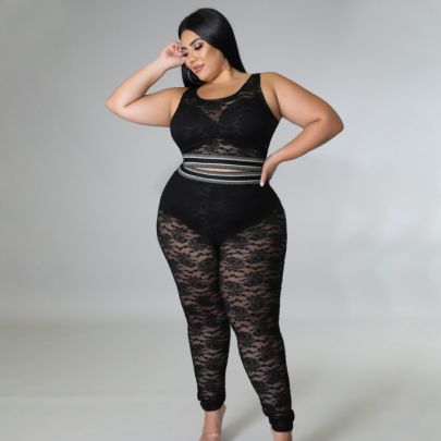 Plus Size Sling High Waist Slim Solid Color Lace See-through Vest And Pant Set NSLNW122667