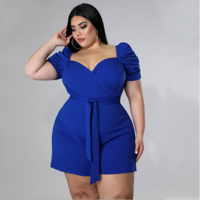 Plus Size Low-cut Puff Sleeve Lace-up Solid Color Jumpsuit NSLNW122670