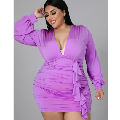 Plus Size Long Sleeve V Neck Tight Ruffle Solid Color Dress NSLNW122665