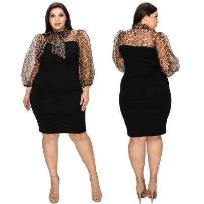 Plus Size Long Sleeve Lace-up Stitching Leopard Print Perspective Dress NSLNW122701