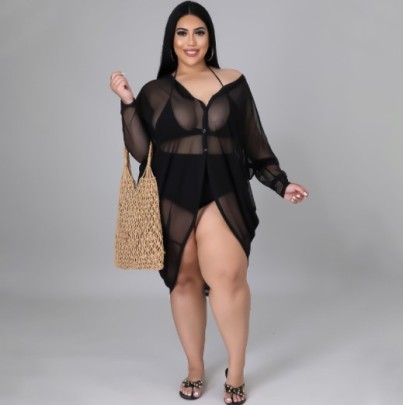 Plus Size Long Sleeve Loose Solid Color See-through Dress NSLNW122691