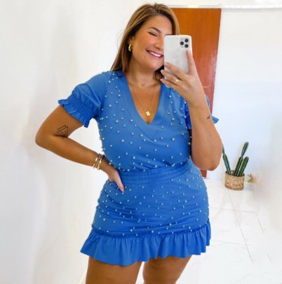 Plus Size V-neck Beaded Short Sleeve Solid Color Top And Short Skirt Suit NSLNW122695