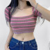 square collar short-sleeved slim striped contrast color T-shirt NSGWY122758