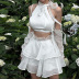lace-up hanging neck top high waist ruffle skirt two-piece suit with sleeve covers NSGWY122759