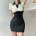 lapel V-neck stitching slim short-sleeved contrast color dress NSGWY122762