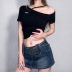 hollowed off-the-shoulder short-sleeved lace-up crop contrast color top NSGWY122763