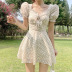 puff sleeves square collar lace-up fungus edge love print dress NSGWY122766