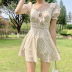 puff sleeves square collar lace-up fungus edge love print dress NSGWY122766