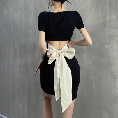 Off-shoulder Waistless Lace-up Short Sleeve Slim Color Matching Dress NSGWY122769