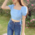 puff sleeve square collar lace-up backless short solid color top NSGWY122784