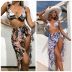 mesh print sling ruffle lace-up bikini three-piece set NSCSY122796