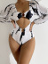 print backless hollow low-cut long sleeve one-piece swimsuit NSCSY122798