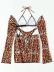 conjunto de cuatro piezas de bikini de malla con estampado de leopardo sin espalda con cordones y cuello colgante NSCSY122810