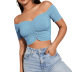 solid color word neck short-sleeved pleated cropped T-shirt  NSGHF122919