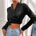 Black Solid Color Long Sleeve V Neck Lace Up Cropped T-Shirt NSGHF122929