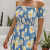 blue word-neck floral short-sleeved long dress  NSGHF122935
