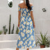 blue word-neck floral short-sleeved long dress  NSGHF122935