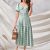 plaid print Puff short-sleeved buttoned decorated Slim casual Long Dress  NSGHF122942