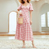 plaid print Puff short-sleeved buttoned decorated Slim casual Long Dress  NSGHF122942