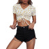 floral print short-sleeved v-neck drawstring short t-shirt NSGHF122944