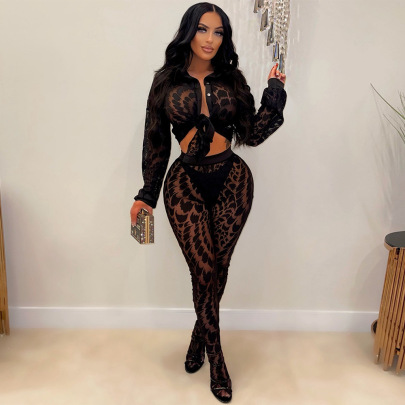 Black Perspective Mesh Tight Long-sleeved Breasted Top And Pants Two-piece Set NSCYF122958