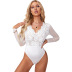solid color v-neck long-sleeved lace stitching see-through one-piece underwear NSMDS122999