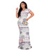 dollar print round neck short-sleeved mopping fishtail dress NSHBG123046