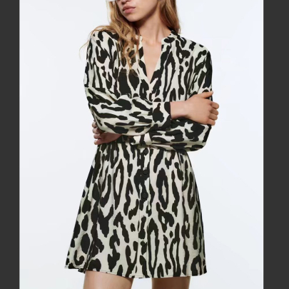 Spring Zebra Print Long-sleeved Single-breasted Shirt Dress NSLAY123176