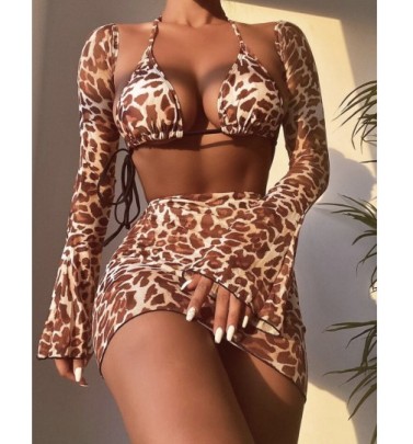 Conjunto De Cuatro Piezas De Bikini De Malla Con Estampado De Leopardo Sin Espalda Con Cordones Y Cuello Colgante NSCSY122810