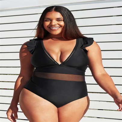Plus Size Solid Color Mesh Stitching One-piece Swimsuit  NSYLH122967