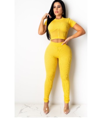 Solid  Color Short-sleeved Mesh Stitching T-shirt And High-waist Pants Two-piece Set NSHBG123067