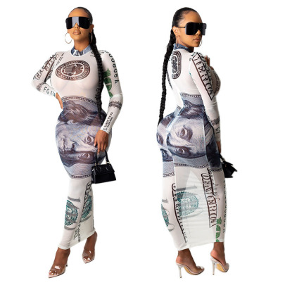 Sexy Mesh Dollar Print Long-sleeved Dress NSHBG123053