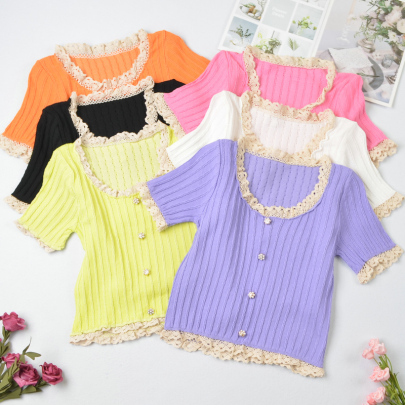 Lace Stitching Short-sleeved Knitted Sweater NSYAY123462