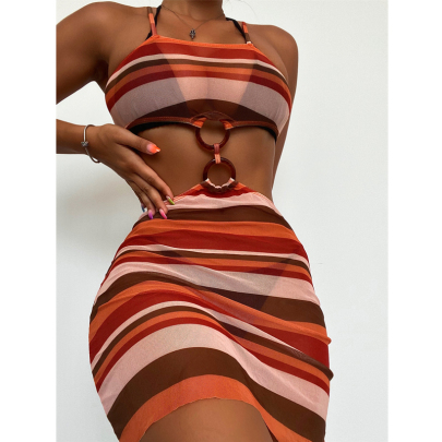 Sling Backless Hanging Neck Striped Three-piece Swimsuit NSCMB117118