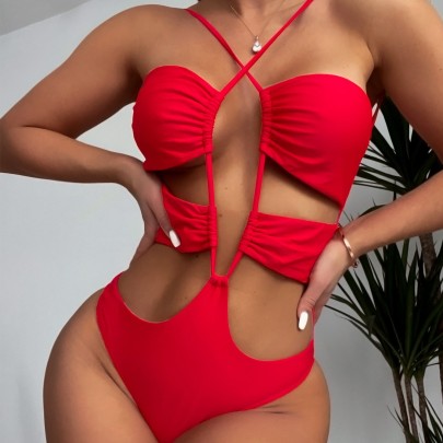 Backless Wearing Rope Solid Color One-piece Swimsuit NSCMB117126