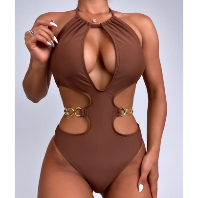 Hanging Neck Lace-up Rings Hollow One-piece Swimsuit NSCMB117124