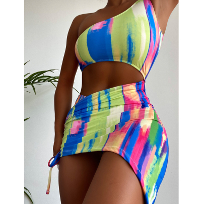 Print Single-shoulder Drawstring Two-piece Swimsuit NSCMB117121