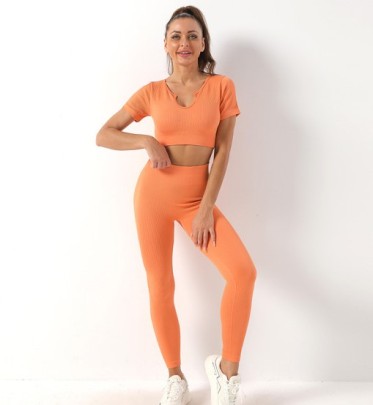 Seamless Tight-fitting Knitted U-neck Short-sleeved Top And Trousers Yoga Set NSZJZ117177