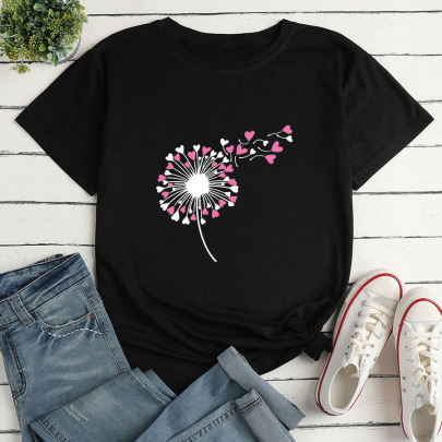 Heart Flower Print Loose Short SleeveT-Shirt NSYAY117675