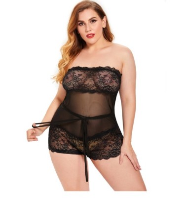 Plus Size Tube Top Lace-up Solid Color Lace See-through One-piece Pajamas NSLXQ123077