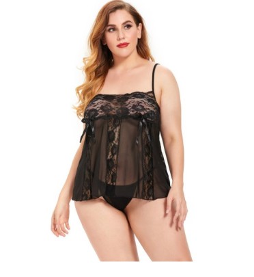 Plus Size Sling Bows Sexy Solid Color Lace See-through Pajama NSLXQ123075