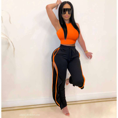 Round Neck Sleeveless Tight Solid Color Vest And High Waist Slit Color Matching Trouser Set NSSD123113